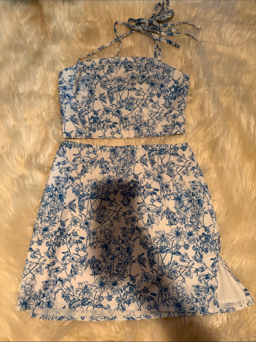 SHEIN White and Blue Floral Two-Piece Crop Top & Skirt Set